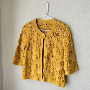 Mustard Yellow Chunky Crochet Knit Grandma Cardigan Sweater Cottagecore Sz M